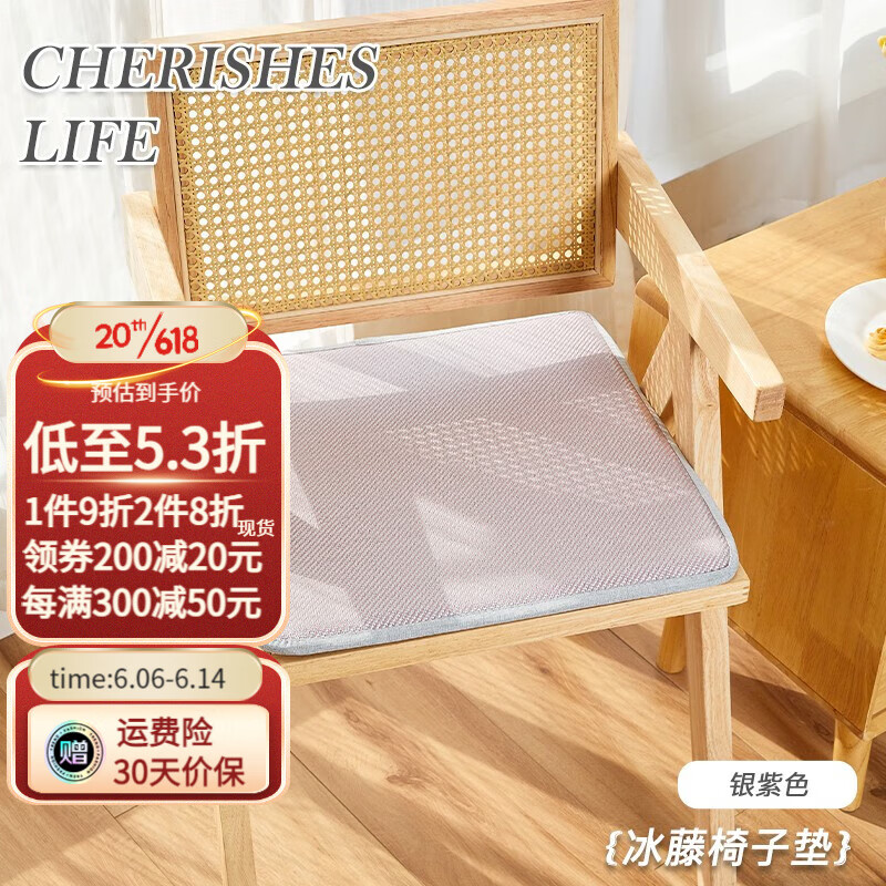钟爱一生（CHERISHES LIFE）夏季坐垫屁垫椅子垫加厚海绵椅垫汽车座垫办公室久坐透气凉席垫子 冰藤 银紫 40*40cm