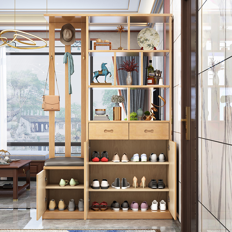 青木川 实木酒柜鞋柜一体靠墙带挂衣架一体换鞋凳客厅餐厅高柜家用进门口入户玄关隔断屏风柜间厅柜双面装饰柜 简约现代