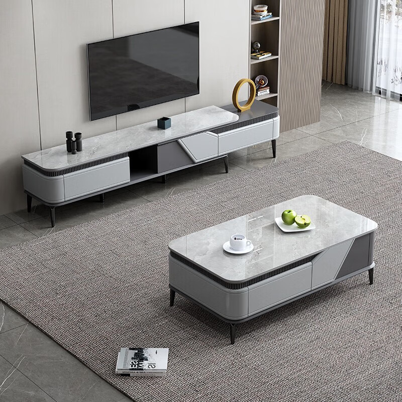 兰尼森可伸缩岩板电视柜意式轻奢茶几电视柜组合简约现代小户型电视柜 岩板电视柜+方茶几