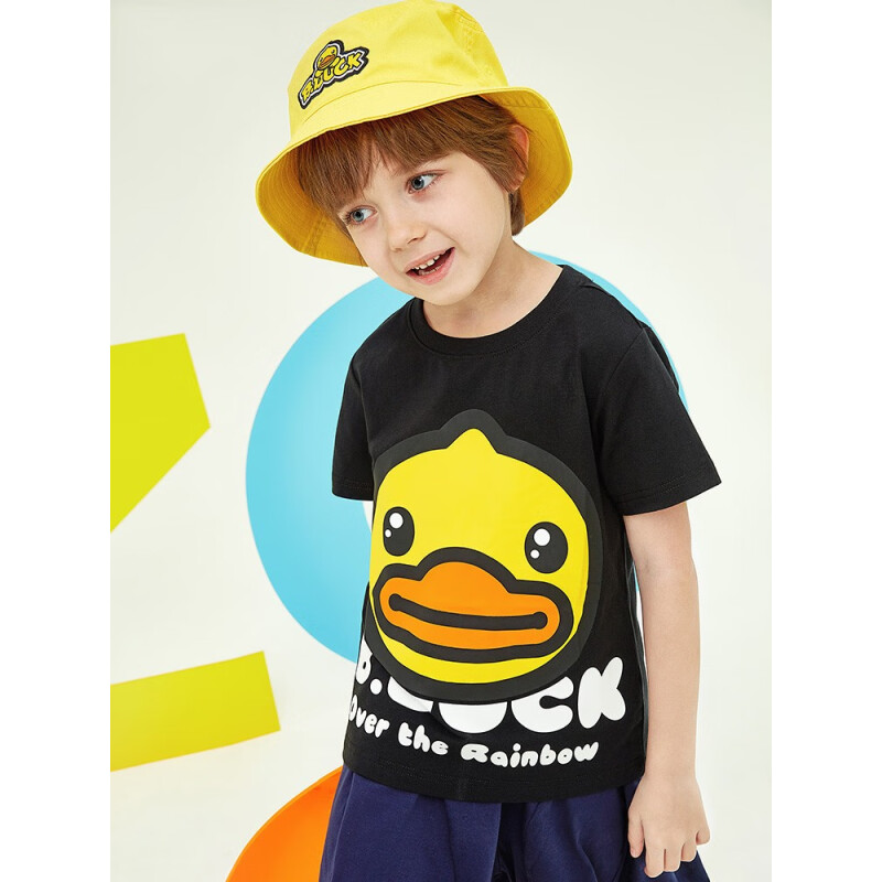 B.Duck小黄鸭童装亲子装男童短袖T恤夏装女童上衣洋气 黑色（BF2201922A） 165cm