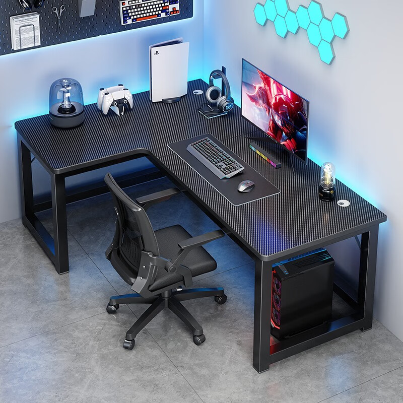 悦美妙转角电脑桌台式家用桌办公书桌卧室电竞游戏桌L形拐角桌写字桌子 碳纤维色160*120CM