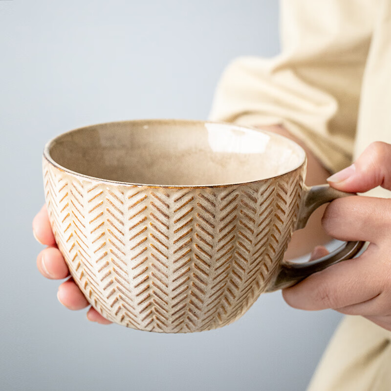悠瓷（youcci）高颜值浮雕陶瓷杯燕麦杯个性窑变马克杯复古杯子咖啡杯家用水杯 浮雕早餐杯-麦穗黄+15cm金勺