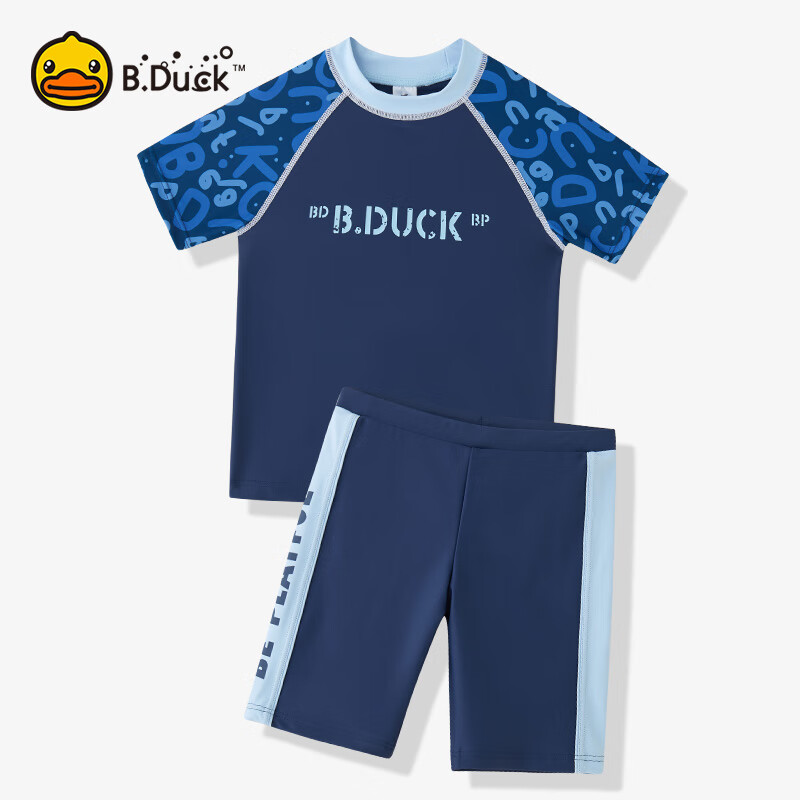 B.Duck小黄鸭分体泳衣男童 短袖短裤青少年儿童透气舒适运动泳衣 藏青色 130