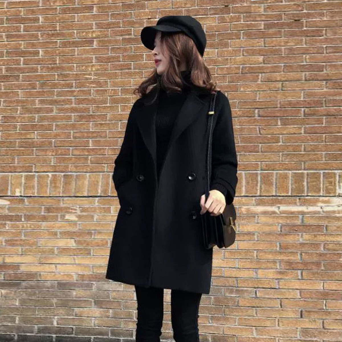 小个子毛呢女冬季2022年新款韩版赫本风黑色中长款呢子大衣 XL 黑色
