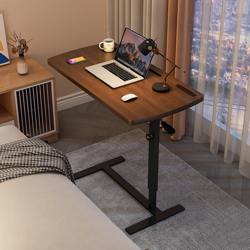 PULATA可移动升降电脑桌折叠桌家用卧室床边桌办公学习写字桌 胡桃木色