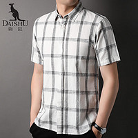 袋鼠（DaiShu）亚麻短袖衬衫男士中国风棉麻格子上衣DS7262 漂白 170/88A