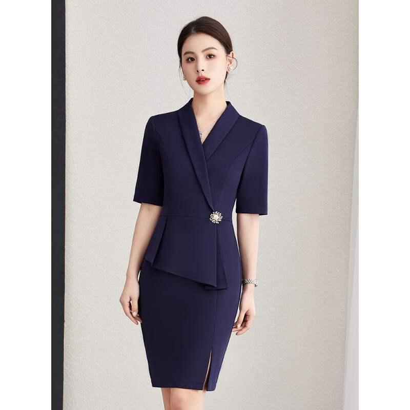 罗蒙（ROMON）2023夏季薄款职业连衣裙女时尚气质珠宝店售楼部物业接待工作服OL 短袖连衣裙 L