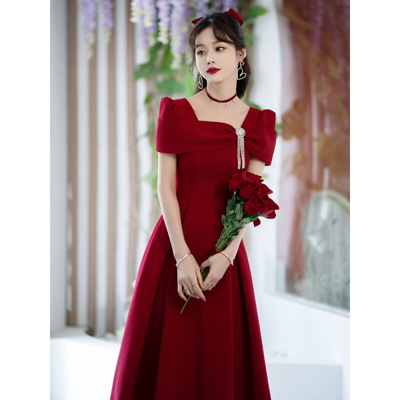 塞德勒（SAIDELE）酒红色小个子结婚敬酒服新娘订婚裙法式高端晚礼服平时可穿女夏季 酒红色中长款 M (建议96-105斤)