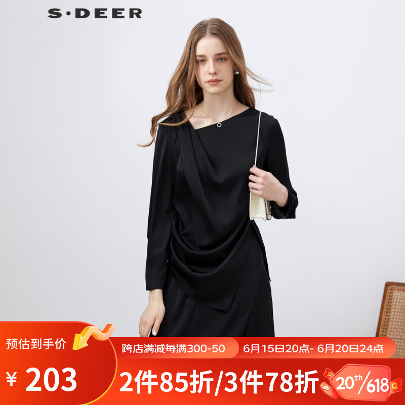 S.DEER圣迪奥女装堆堆领系带不规则垂坠长袖衬衫S23260502 黑色/91 M/165