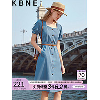 KBNE方领泡泡袖牛仔显瘦中长款连衣裙女2023年夏季韩版时尚设计感 淡蓝色 L
