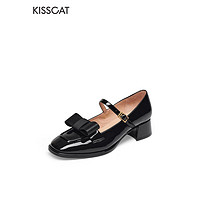 KISSCAT 接吻猫 女鞋夏季新款复古玛丽珍蝴蝶结小皮鞋女浅口单鞋KA43208-10 黑色 34