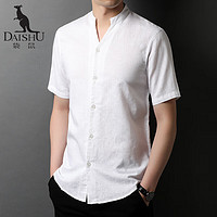 袋鼠（DaiShu）亚麻短袖衬衫男士中国风棉麻纯色上衣衬衣DS5229 漂白 190/104A