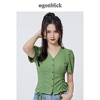 北欧时刻（gonblick）法式V领针织短袖T恤女士设计感泡泡袖抽绳收腰半袖上衣女装 草绿 XS