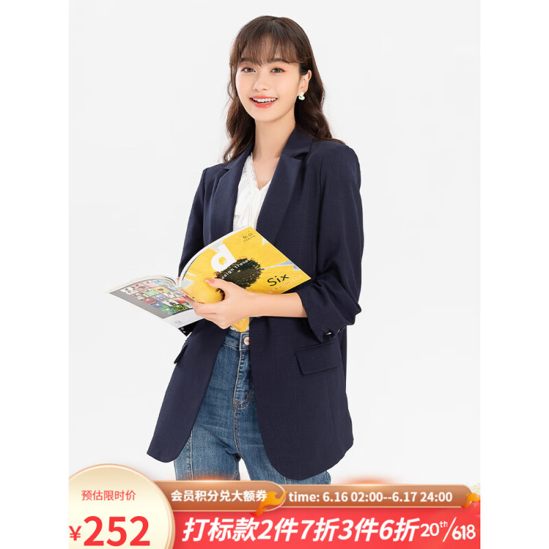 lagogo拉谷谷2023夏季新款藏青色垫肩休闲西装外套女设计感七分袖 藏青色（M0） 155/S/36