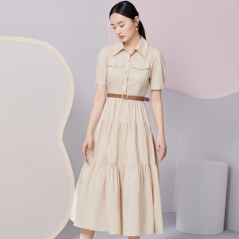 初申 夏季收腰短袖连衣裙韩版学生纯色中长款裙子 SW11DQS37