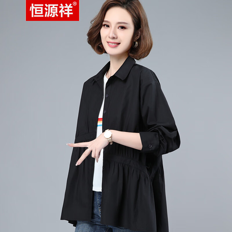 恒源祥不对称设计感女士衬衫春秋全棉外套女士外搭 黑色 160/84A