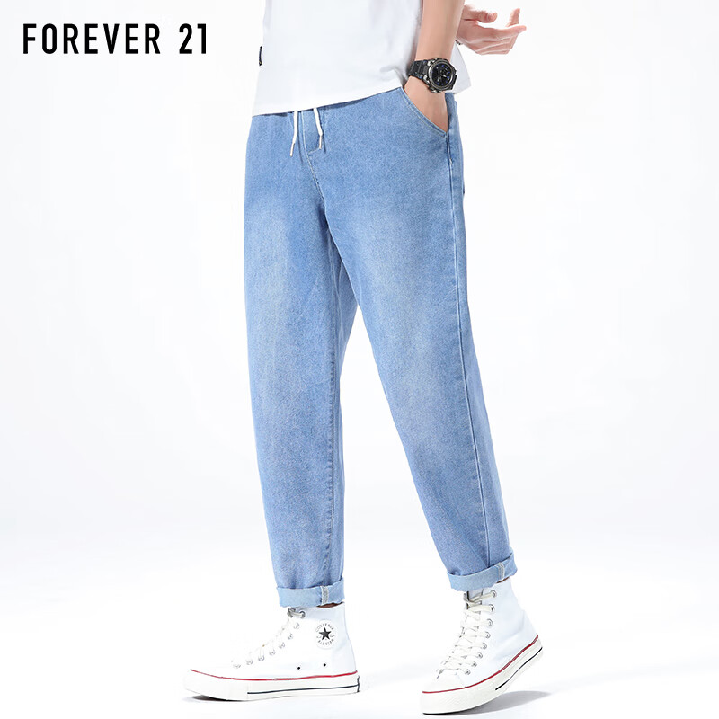 FOREVER 21牛仔裤男夏季休闲裤子男士潮牌直筒宽松薄款弹力男裤 浅蓝 L码