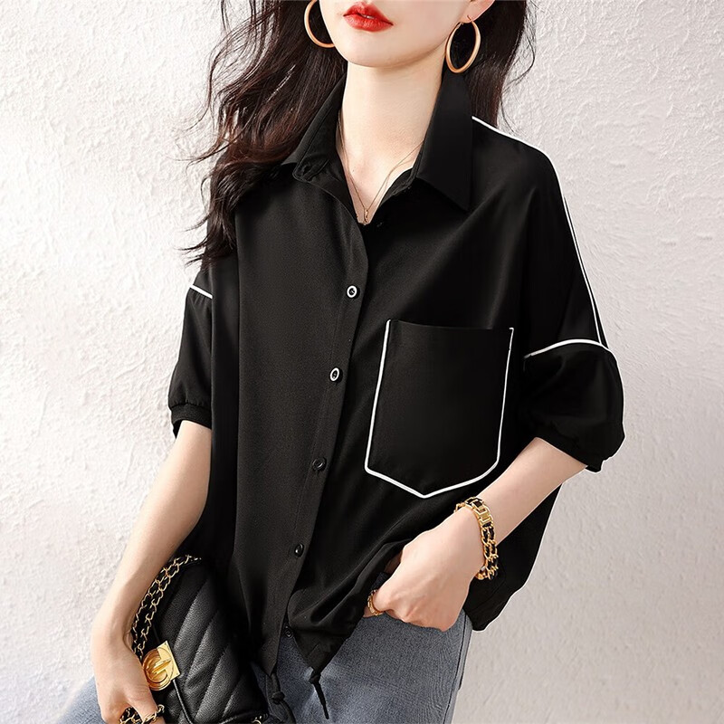 恒源祥短袖衬衫女2023夏季新款宽松简约显瘦衬衣女士设计感上衣小衫Q386 黑色 XL