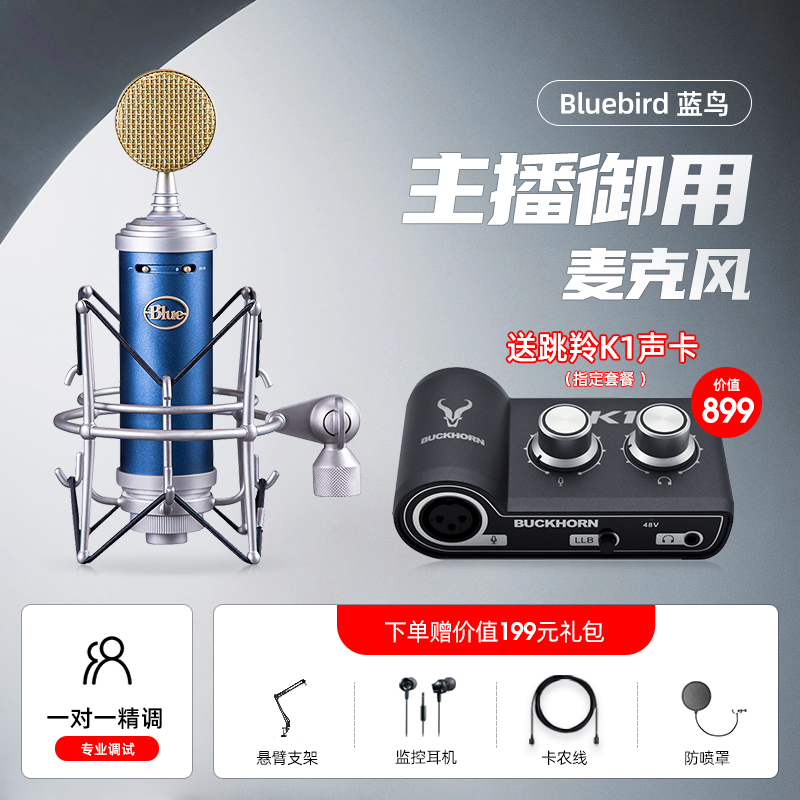 罗技BlueBird蓝鸟麦克风艾肯声卡直播全套设备专业唱歌录音话筒 蓝鸟+跳羚K1声卡 官方标配