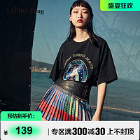 LIEBO 裂帛 Feng设计师品牌2023年宽松慵懒休闲百搭BF风刺绣短袖T恤