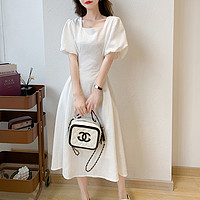 OTHER MIX 法式赫本风气质连衣裙女夏季方领泡泡袖纯色裙子