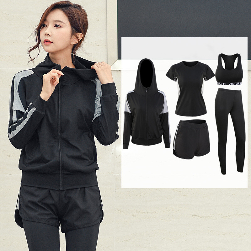 瑜伽服女运动套装休闲户外五件套健身房跑步宽松速干衣健身服女 灰色五件套 L