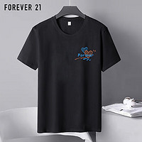 PLUS会员：FOREVER 21 简约休闲短袖T恤男女情侣纯棉t恤男士半袖印花上衣 黑色M码