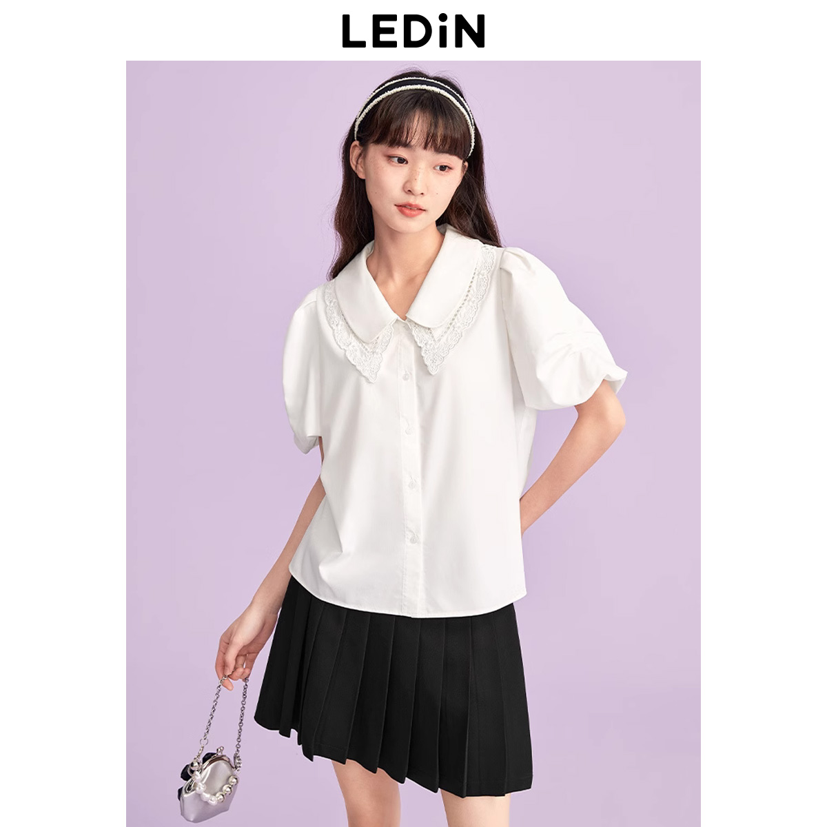 乐町T恤针织衫衬衫雪纺衫上衣短袖polo衫合并链接 水蓝色撞色POLO领袖套T恤 S