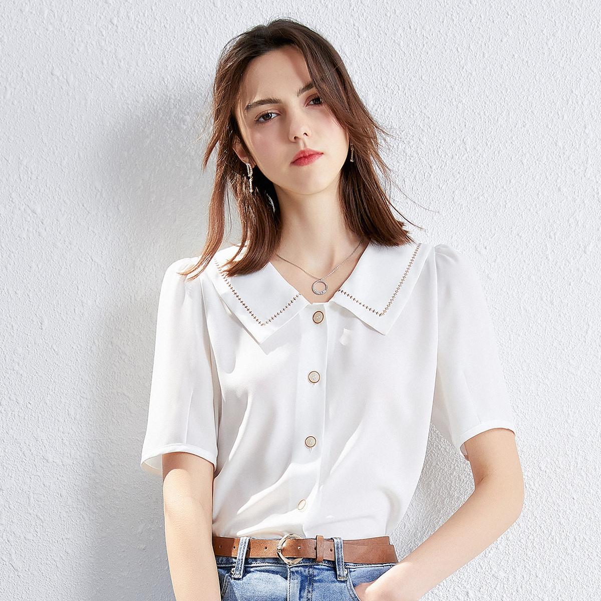 夏季复古刺绣雪纺衫简约气质衬衫女 S 奶霜白