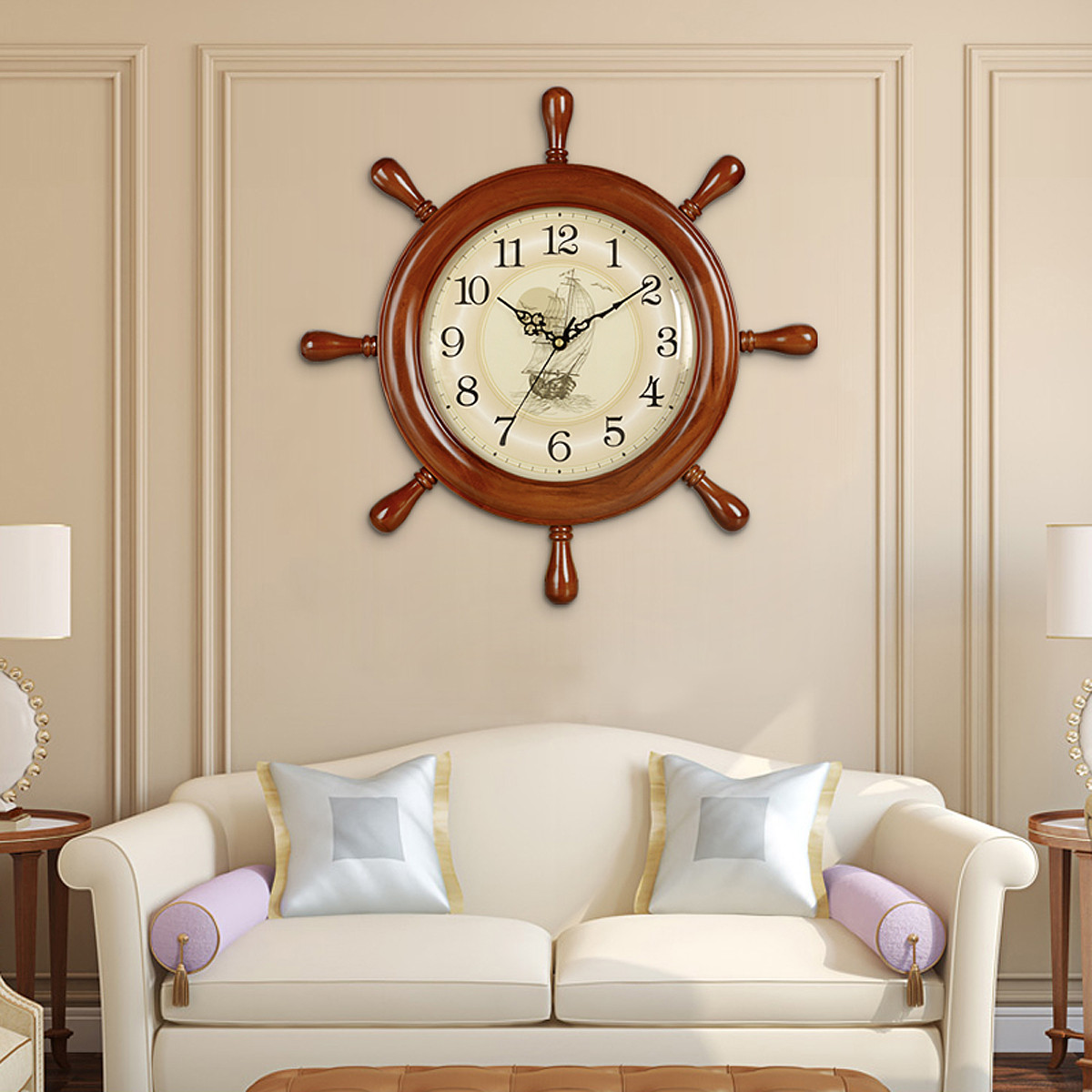 船舵型挂钟客厅家用时钟个性创意欧式壁钟静音实木石英钟表HW39