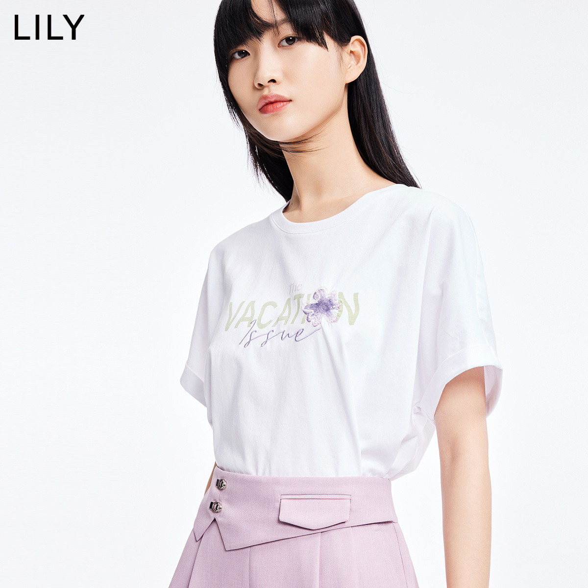 丽丽 LILY2022夏新款女装设计感浪漫钉珠舒适抗皱米白色短袖圆领T恤 604米白 L