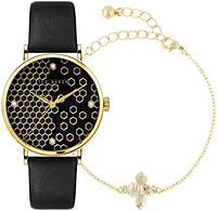 TED BAKER 泰德·贝克 Phylipa系列 女士蜂巢黑盘腕表+金色蜜蜂手链套装