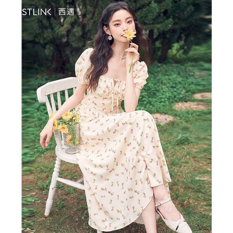 WESTLINK 西遇 法式碎花连衣裙女2023年夏季新款海边公主茶歇裙11131174