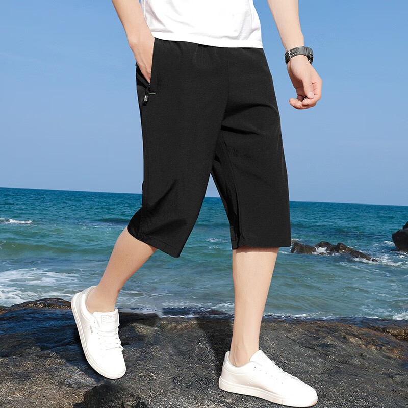 SOAH短裤男夏季2023男士宽松速干冰丝七分裤休闲薄款运动裤 黑色 M（80-100斤）