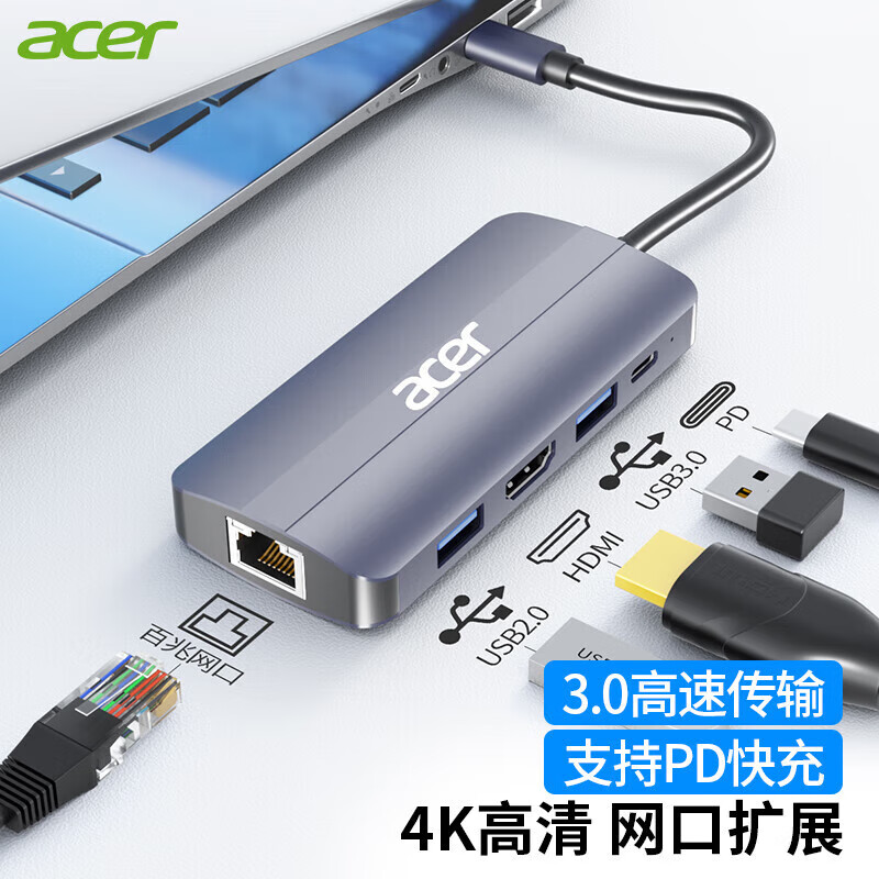 acer 宏碁 Type-C网口扩展坞USB-C转HDMI线4K高清投屏通用苹果笔记本电脑MacBook华为转换器拓展坞分线器