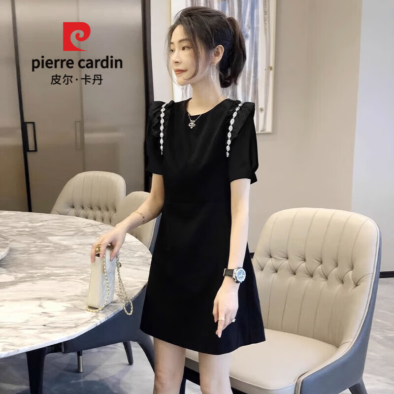 皮尔卡丹（pierre cardin）法式短袖连衣裙女气质感高级名媛a字小黑裙子2023春夏装新款 黑色 2XL-125-135斤