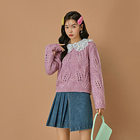 温柔甜美气质针织衫女秋季新款镂空设计感小众短毛衣 S 粉紫色现货