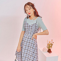 韩版女款格纹图案褶皱收腰显瘦吊带连衣裙 M 蓝灰色