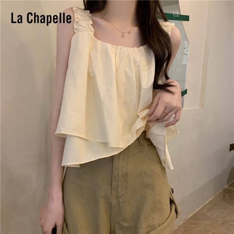 La Chapelle Sport拉夏贝尔吊带背心女2023夏季独特褶皱小衫设计感黑色显瘦上衣 杏色 S 80-95斤