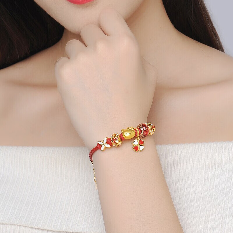 蒂蔻（Tico）时尚可爱萌猫生肖足金黄金手链女生3D硬足金转运珠手串