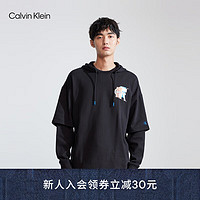 Calvin Klein  Jeans23早秋男士时尚层叠印花纯棉假两件连帽卫衣J324403 BEH-太空黑 S