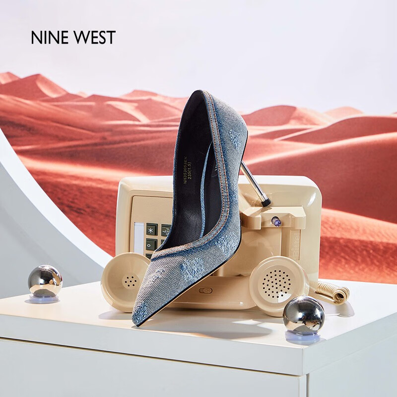 NINE WEST/玖熙牛仔高跟鞋女2023秋复古丹宁绒面超高跟尖头单鞋 浅蓝 34