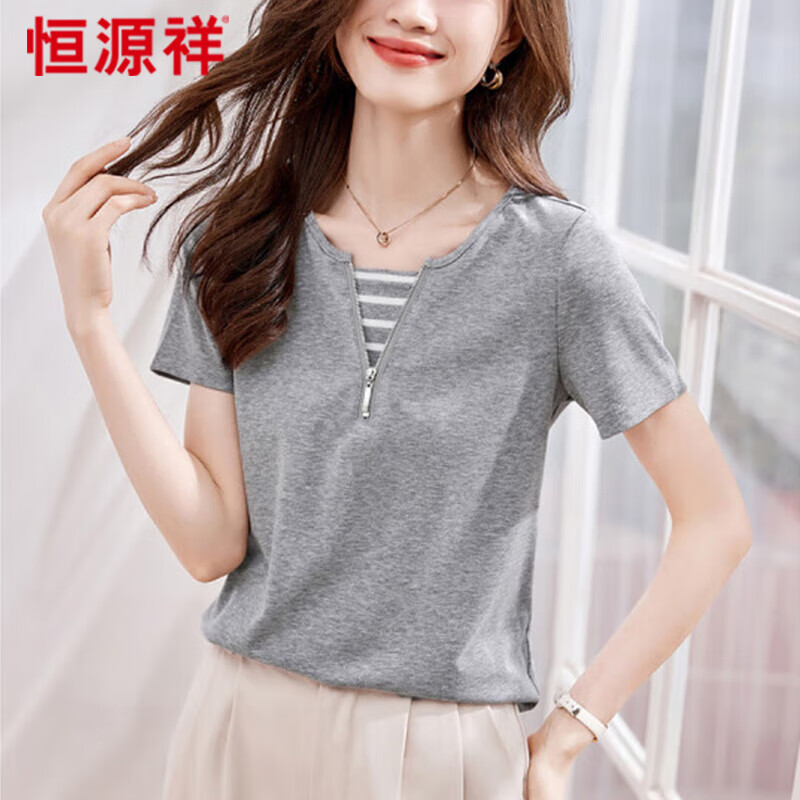 恒源祥短袖t恤女2023夏季女装宽松纯棉高档上衣休闲品牌打底衫O6921 灰色 M