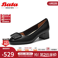 Bata浅口单鞋女2023秋季商场羊皮粗跟通勤方扣单鞋6512DCQ3 黑色 37