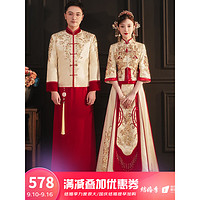 龍曼尼仕 金色秀禾服情侣装2023新款新娘结婚礼服中式婚纱古装嫁衣敬酒服 小红边七分袖（仅女装） M