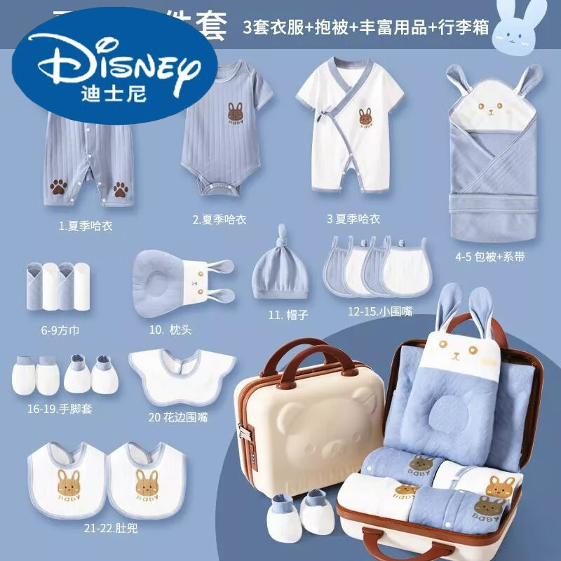 Disney 迪士尼 新生儿礼盒用品婴儿穿的衣服套装兔年宝宝满月送人 夏季蓝22件 0-3个月