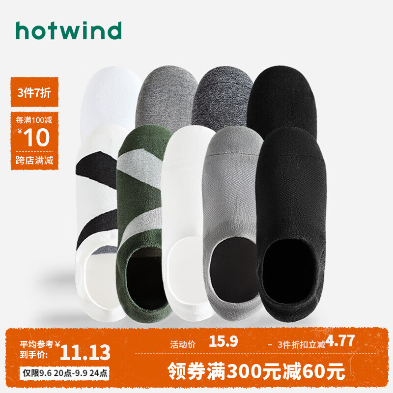 热风 hotwind秋季黑灰居家短袜简约设计棉袜男士舒适隐形船袜 04白色（船袜-字母纯色） F