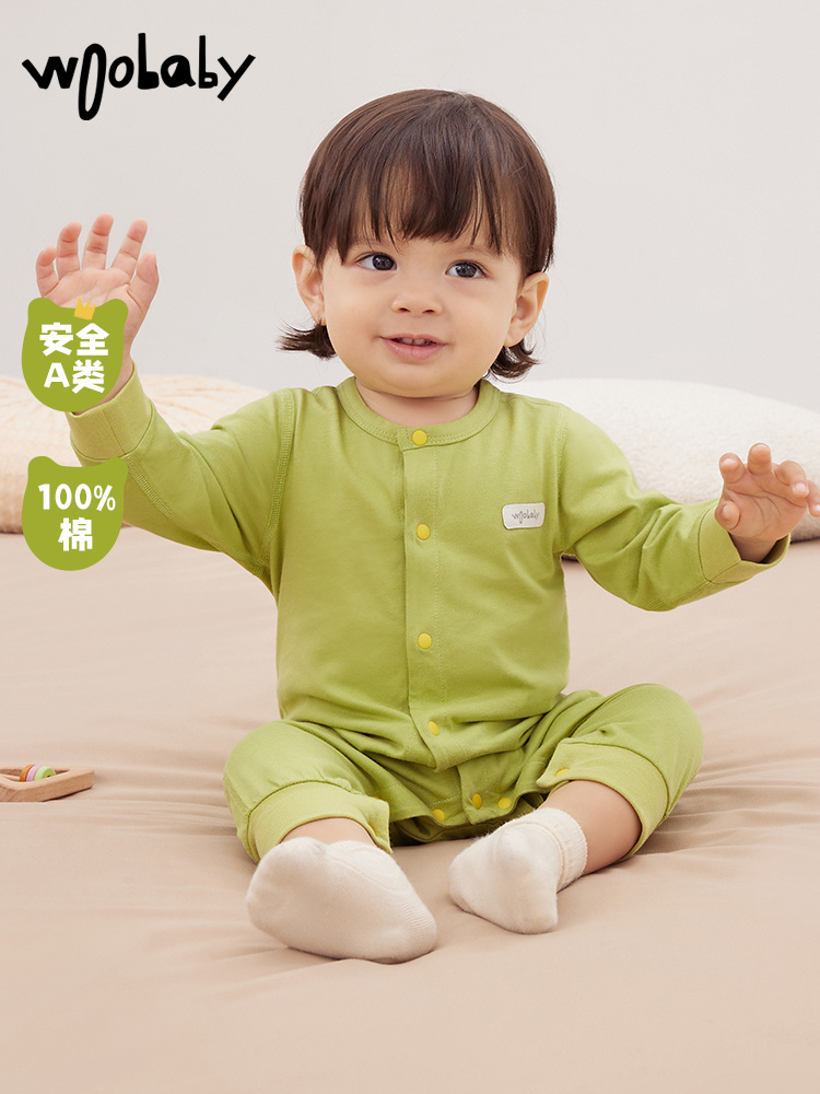 woobaby男女宝宝爬服四合扣中开婴儿连体衣