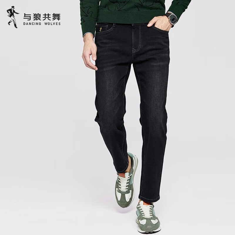 与狼共舞牛仔裤男冬微弹水洗百搭长裤子男4025 黑灰002 28/72A