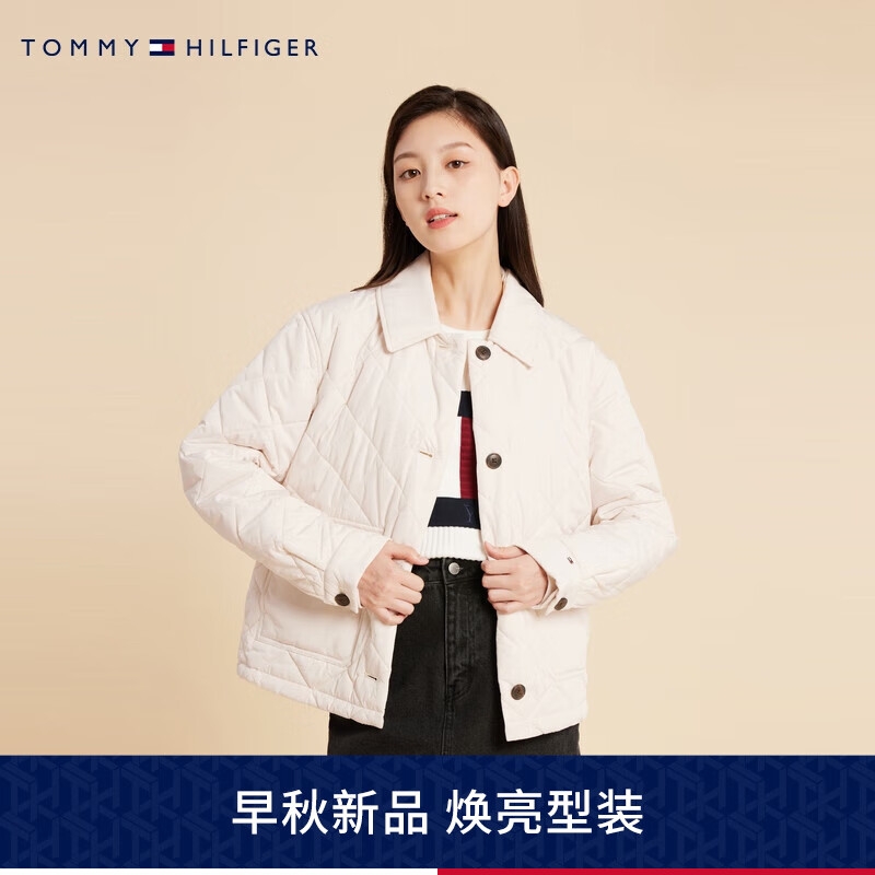 TOMMY HILFIGER女菱形格纽扣翻领轻薄宽松短铺棉夹克外套39252 米色AC0 XS